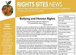 [ai] A newsletter titled 'Rights Sites News' with a focus on bullying and human rights. It features an apple graphic and lists contents such as articles on bullying prevention and human rights education.